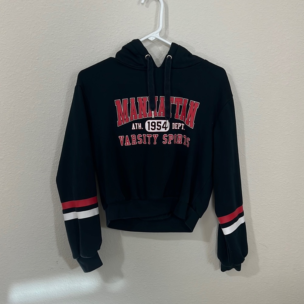 Divided brand extra small, navy blue hoodie with red graphic font. Varsity. #106